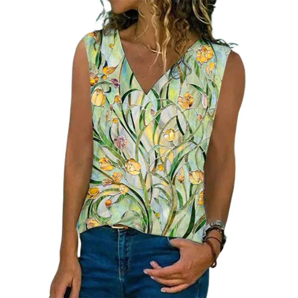 

Womens Tshirts Sleeveless Floral Printed V Neck Casual Summer Womens Clothing 2022 Colorful Tops Art-style Woman T Shirt