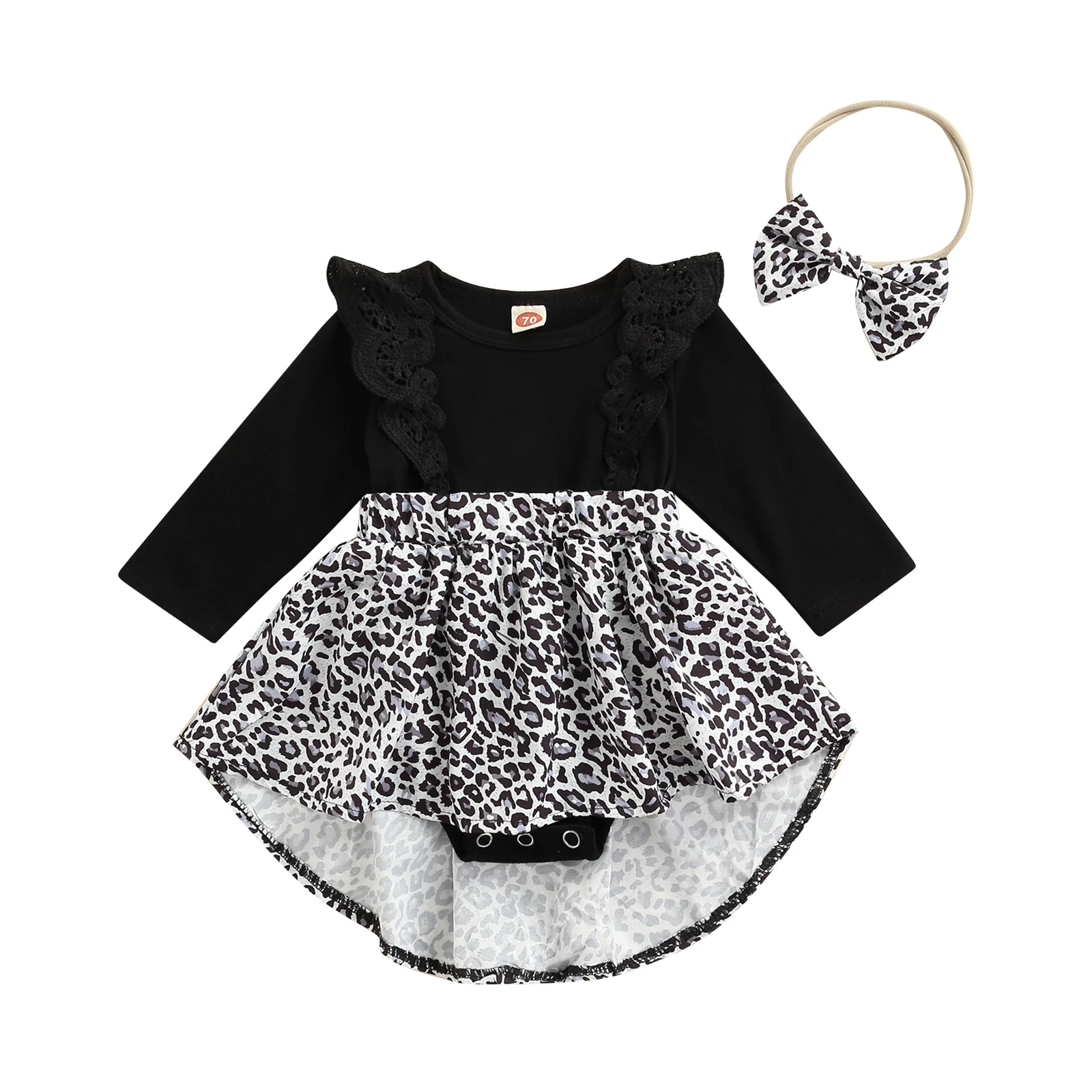 

Sweet Style Baby Girls Outfit Infant Leopard Print Skirt Splicing Lace Long Sleeve Round Collar Romper Bow Headwear Set