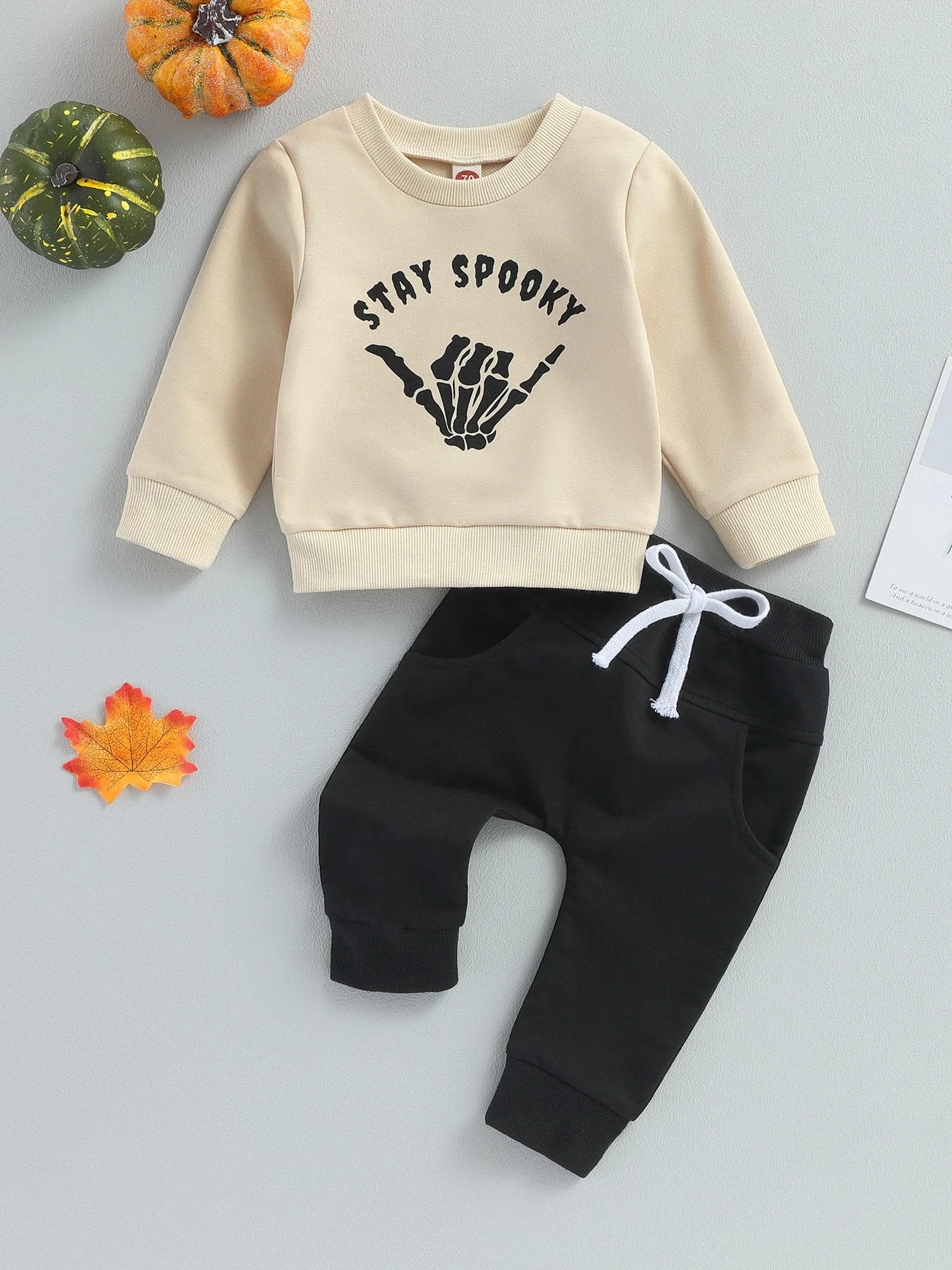 

Костюм на Хэллоуин с изображением тыквы для маленьких мальчиков-Очаровательный свитшот с длинным рукавом и штаны с буквенным принтом для малышей-2