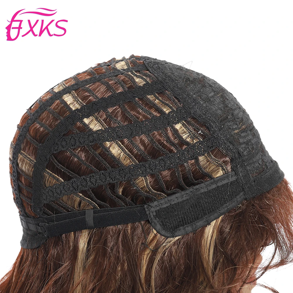 Brown Short Wavy Synthetic Hair Wigs With Bangs Blonde Gray Silver Natural Color Hair Special Curly Wigs For Women 12Inch FXKS