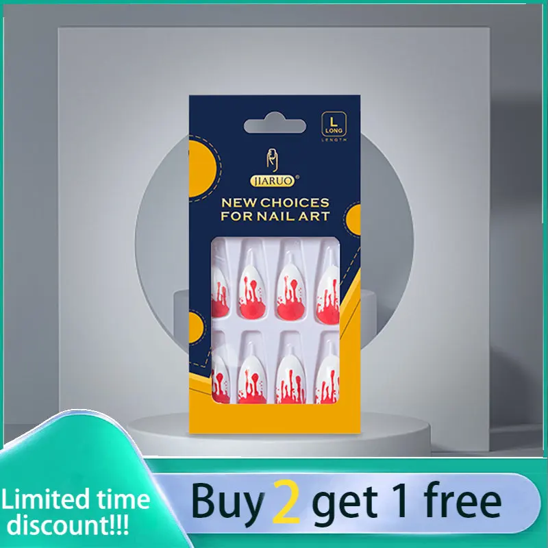 

JIARUO 24 шт./коробка длинные миндальные пресс-ногти Y2k полное покрытие наклейка для ногтей красная кровь дизайн ногтей искусственные ногти Хэл...