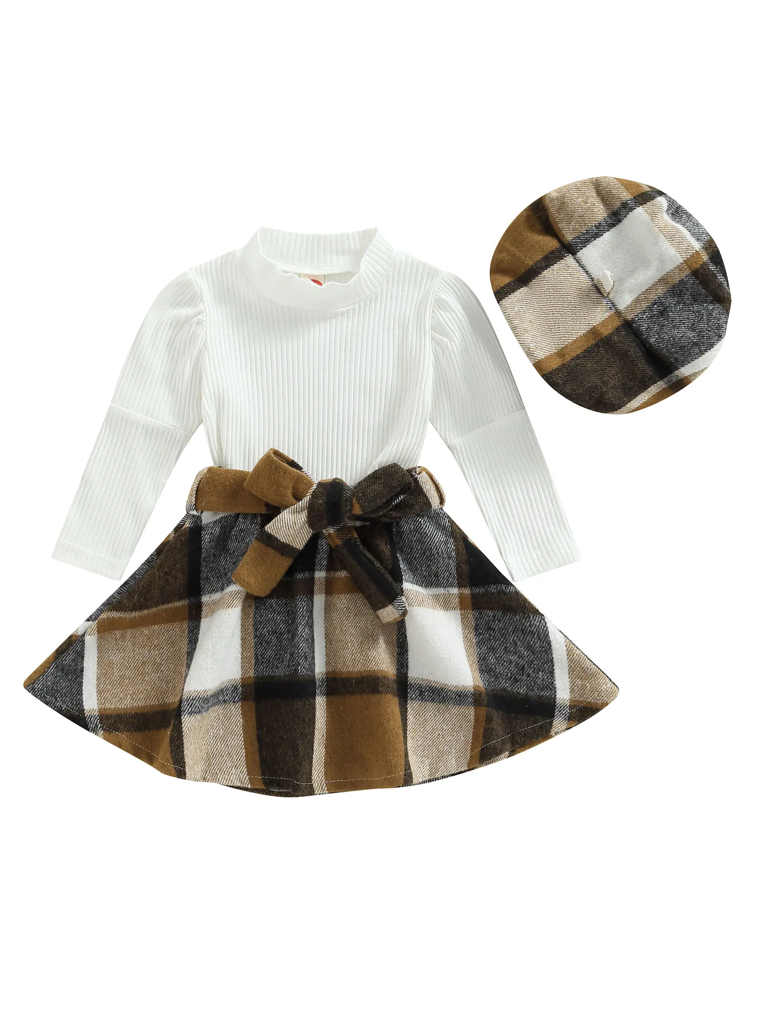 

Toddler Baby Girl Fall Winter Skirt Set Turtleneck Ribbed Long Sleeve T-Shirt Top Plaid Skirts Dress 2Pcs Outfits