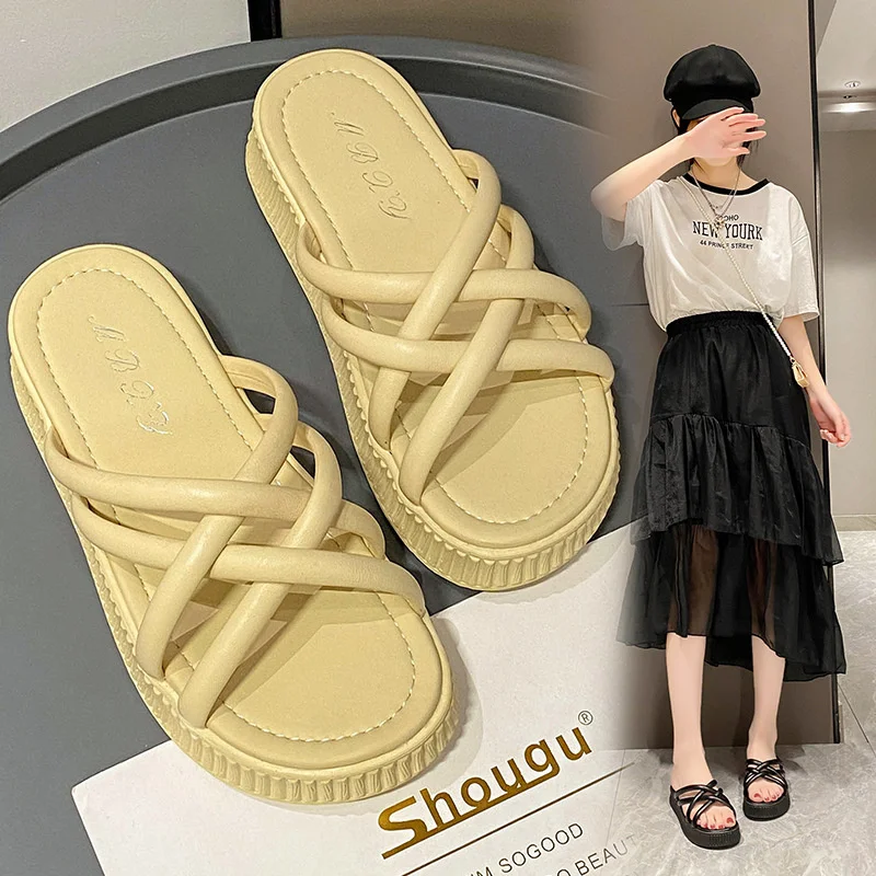 

Сланцы женские на низкой платформе, пляжные шлепанцы с перекрестной шнуровкой, римские базовые, Искусственная резина, лето 2023