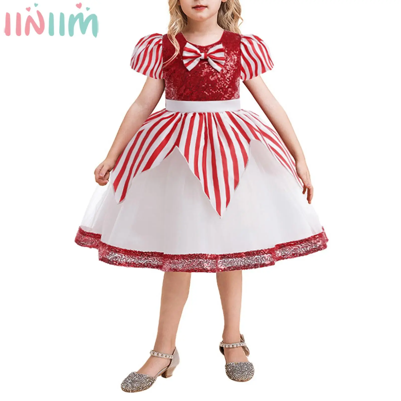 

Children Girls Christmas Party Dress Puff Sleeve Sequin Striped Tutu Princess Gown with Headband for Xmas New Year Performance