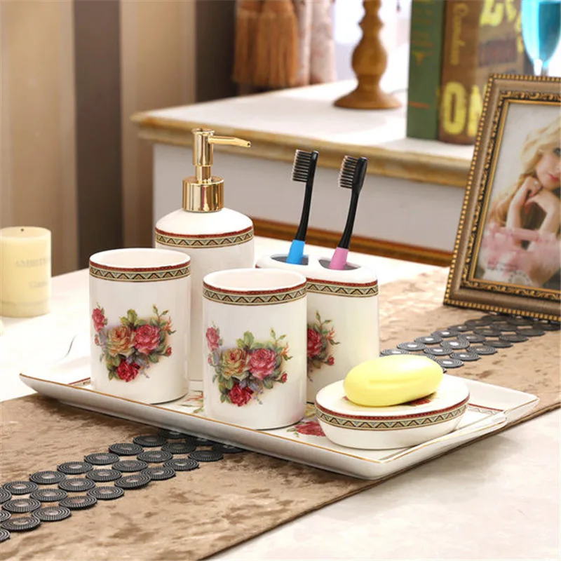 

Ceramic Bathroom Accessories Set Soap Dispensers Toothbrush Holder Gargle Cups Soap Dish With Tray 6 Pieces Set Wedding Gifts