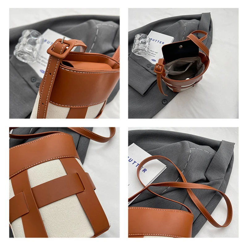 The Bucket Bags for Women PU And Canvas Casual Handbag Crossbody Tote Bag Bucket Bag Trendy Fashion Drawstring Lady Hobo Bag