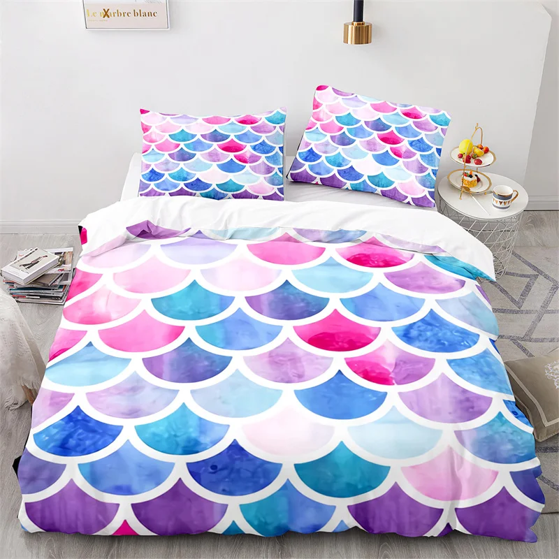 

Colorful Fish Scales Bedding Set Twin King For Kids Girl Mermaid Skin Surface Print Duvet Cover Polyester Quilt Cover Blue Pink