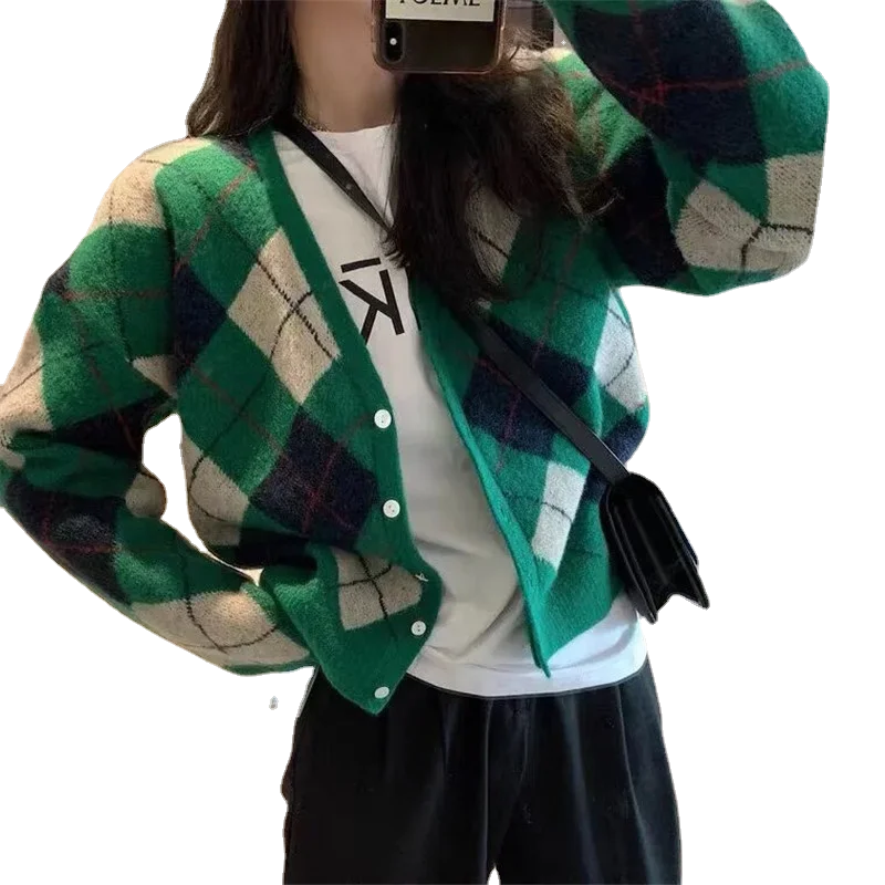 

Women Green Argyle Sweater Vintage Spring V-neck Knitted Loose Cardigan Sweet Fashion Coat Blusa De Frio Feminina