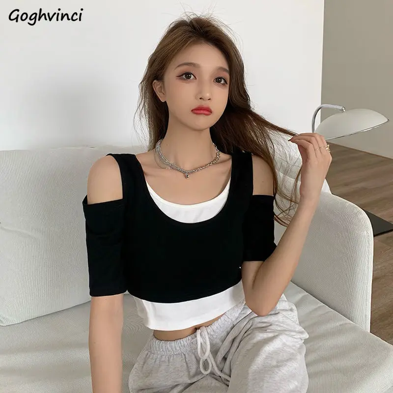 

Футболки женские с имитацией 2 шт., укороченные топы с открытыми плечами, Повседневная Уличная модная летняя универсальная нежная, Лидер продаж