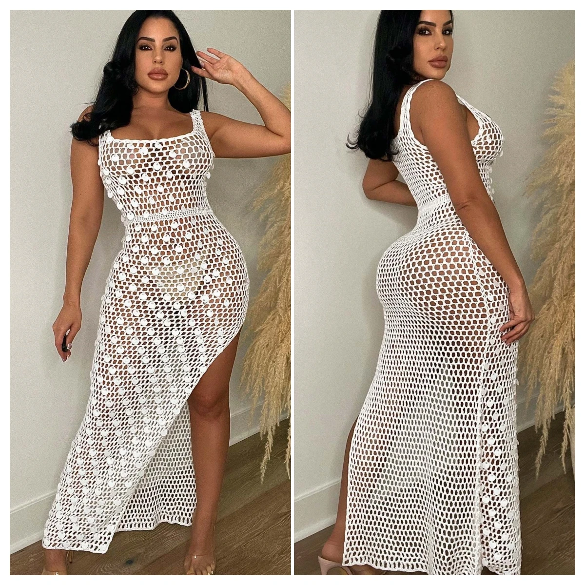 

Sexy Shinny Sequined Knitted Long Dress Women Summer Elegant Tank High Slit Skiny Club Party Beach Wear Maxi Dresses Robe