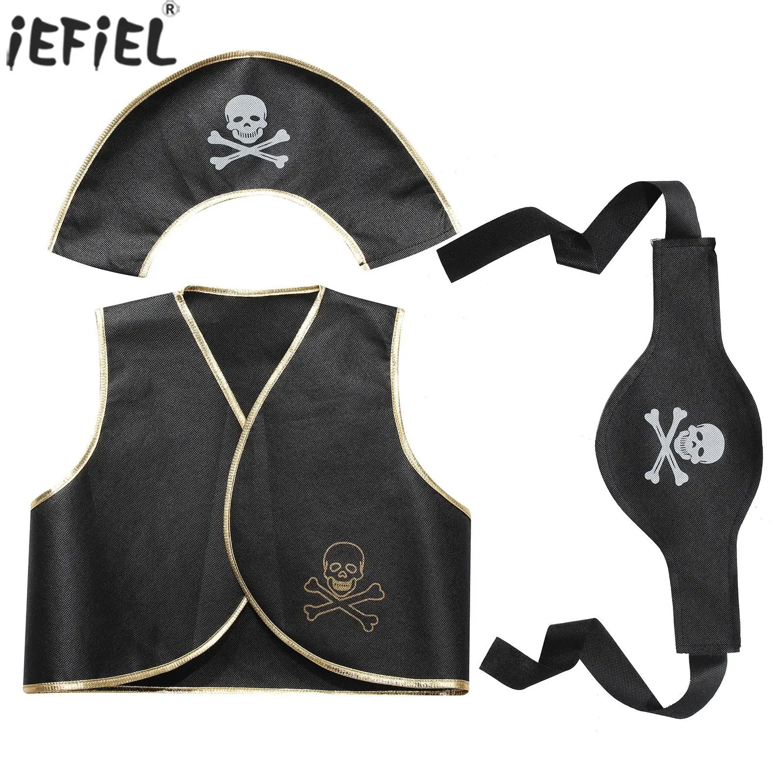 

Kids Pirate Jack Captain Costume Halloween Carnival Party Masquerade Cosplay Props Skull Print Eyeshade Vest Hat Belt Earring