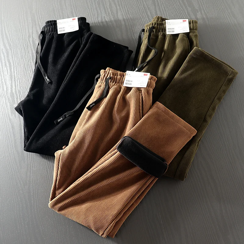 

Plush Men's Autumn Winter Corduroy Thickened Straight Pants Outdoor Trekking Hiking Camp Fleece Trousers Tooling Cargo Clothing