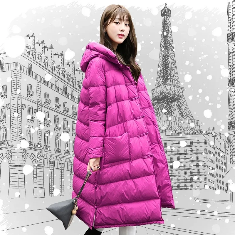 

Female White Duck Down Hooded Coat 2022 Autumn Winter Loose Vintage Down Jacket Women's Oversize Casual Long Parkas Overcoat
