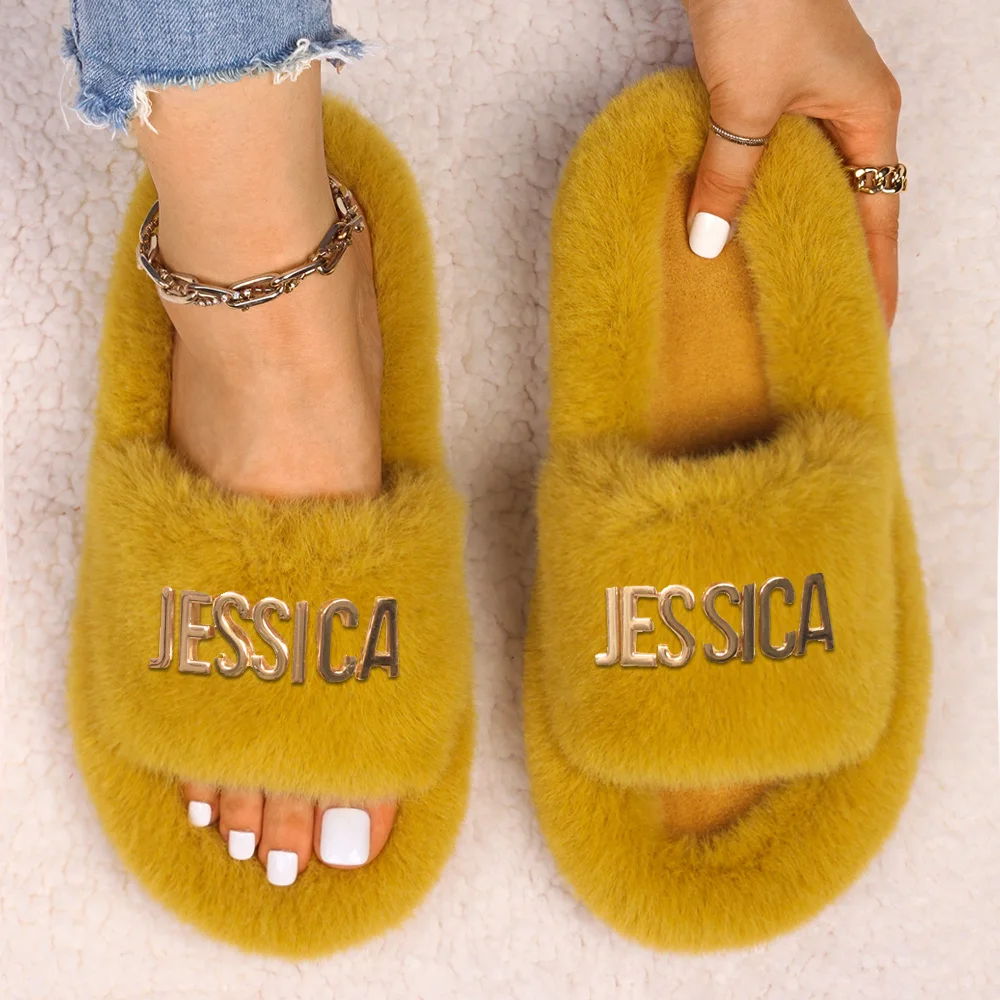 Women's Slippers Fluffy Flip Flops Furry Slides Slippers Alloy Letter JESSICA Decor Hollow Flat Faux Fur Sandals Decor Platform