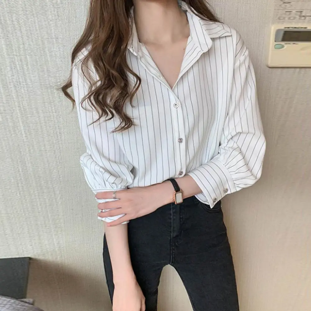 

Classic Striped Shirts Women Spring Autumn Polo-neck Single-breasted Long Sleeve Cardigan Blouse Fashion Office Shirt Top Women