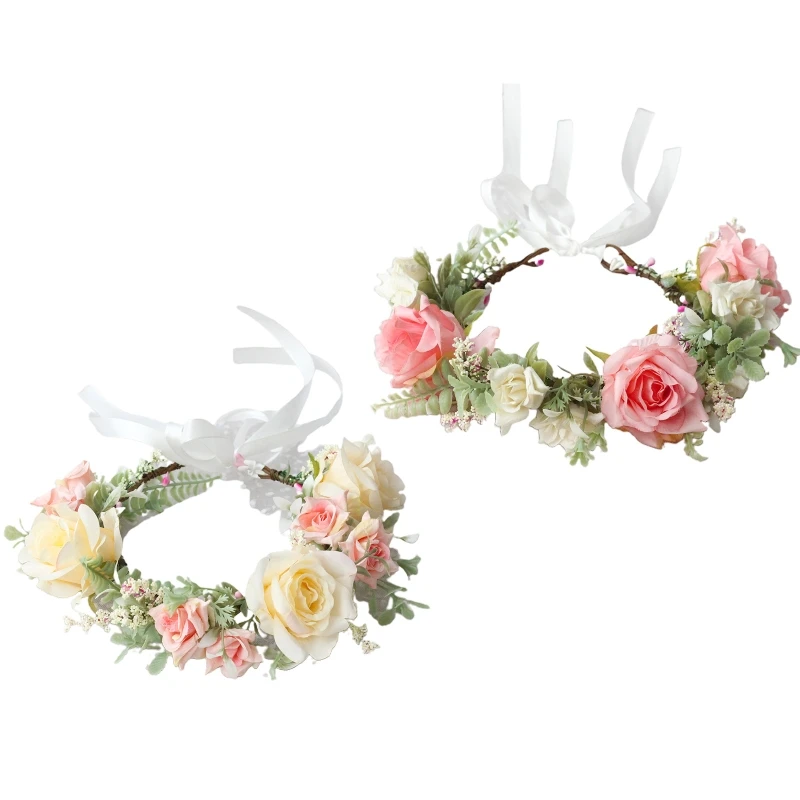

Flower Shape Crowns for Women Wedding Fashionable Handmade Thin Hair Hoops with Adjustable Ribbon Hair Accessories