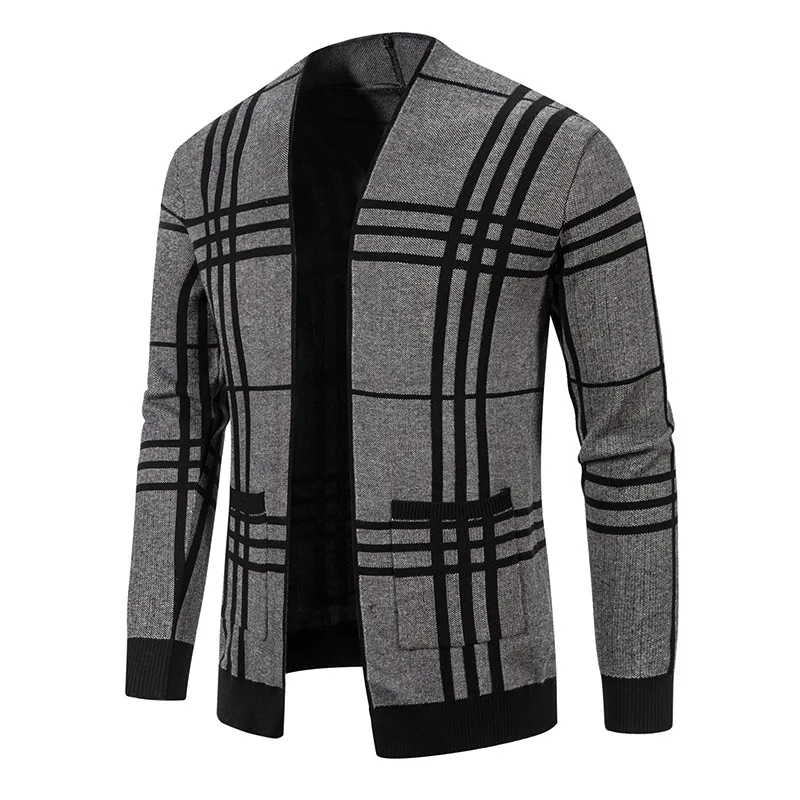 Men's Knitted Cardigan Plaid Slim Jacket Knitted Cardigan
