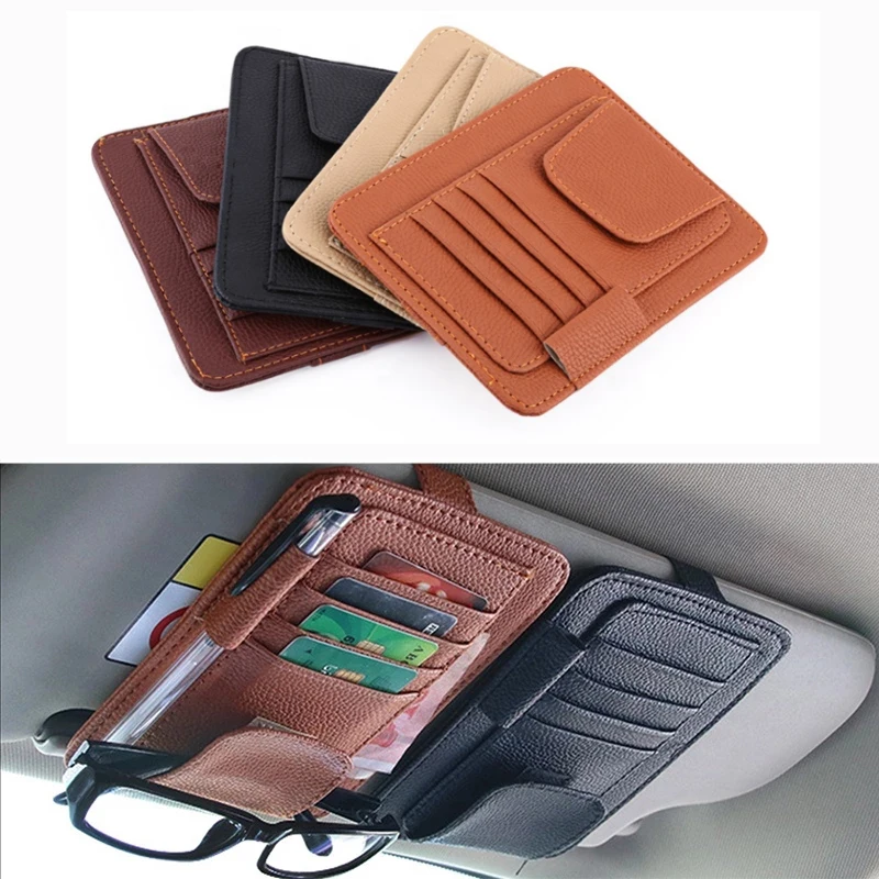 

PU Leather Car Sun Visor Storage Glasses Organizer Bills Wallet Holder Ticket Credit Card Clips Auto-Interior Visor Accessories