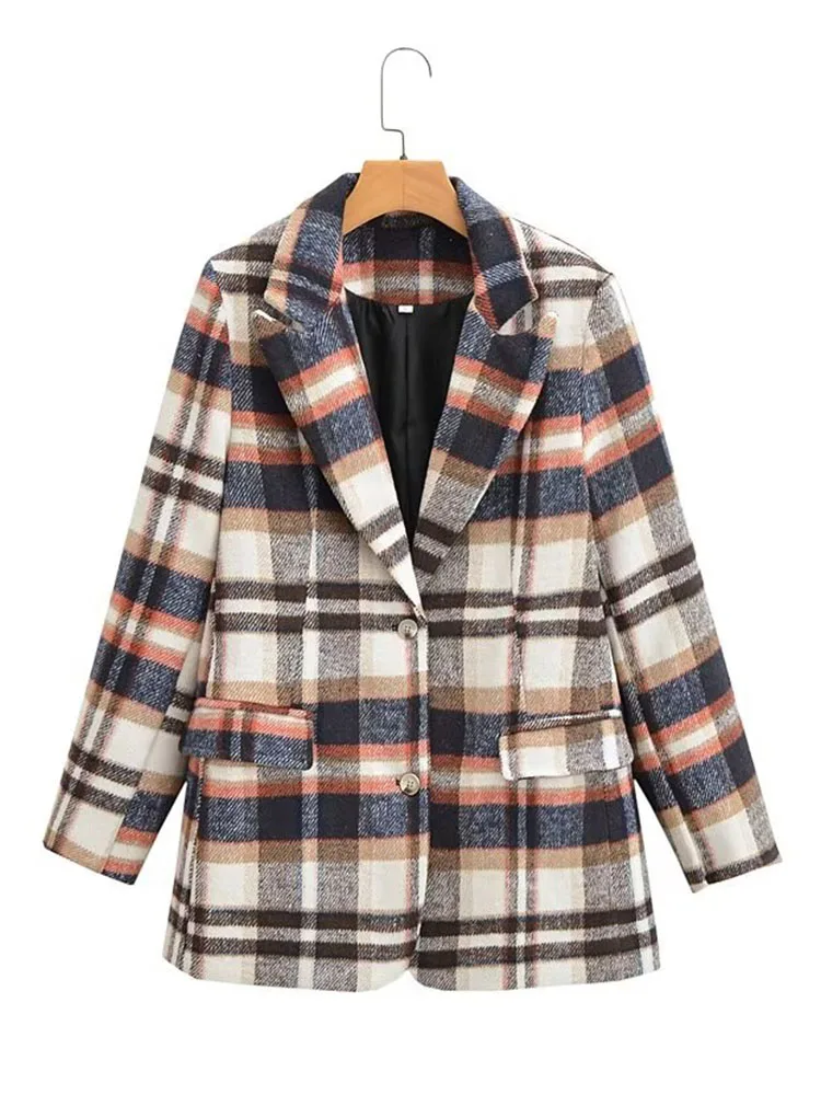 

Women 2022 Autumn New Casual Fashion Wool Check Blazer Coat Vintage Long Sleeve Pockets Female Outerwear Chic