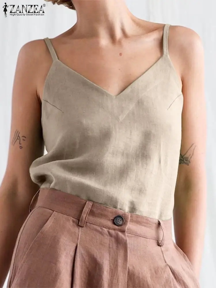 

Элегантная Свободная майка ummer с V-образным вырезом, женская кофта ZANZEA на бретелях-спагетти, Повседневная хлопковая блузка без рукавов, одно...