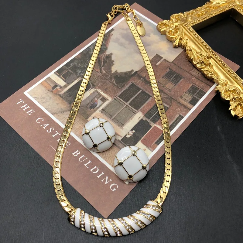 

Vintage Classic White Enamel Glazed Gold Plated Necklace, Ear Studs, Ear Clips
