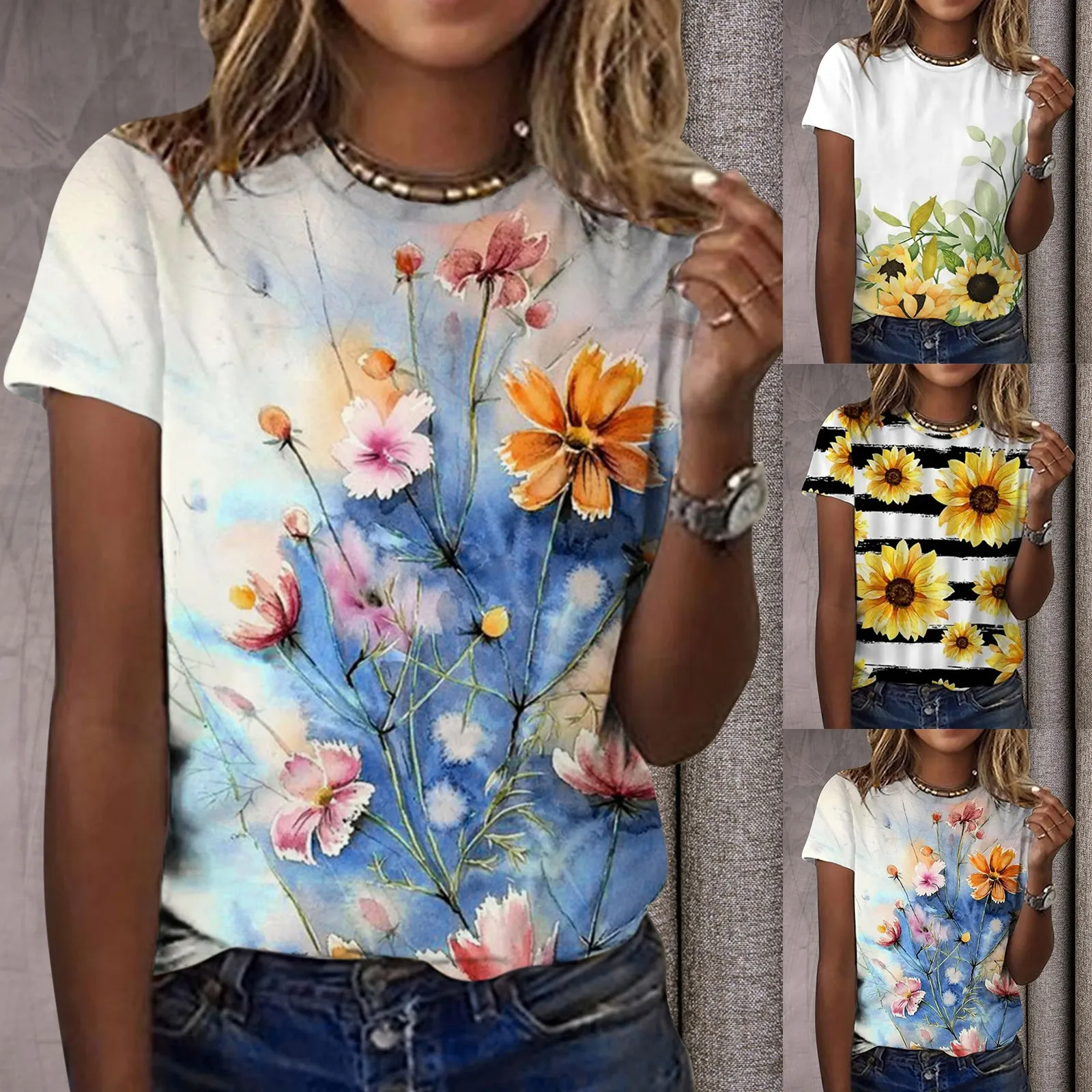 

Женская футболка с коротким рукавом, круглым вырезом и цветочным принтом