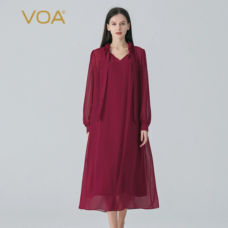

VOA 100% Pure Mulberry Silk Georgette Wine Red Edible Tree Fungus V-neck Shirt Long Sleeve Elegant Loose Dresses Women AE1815