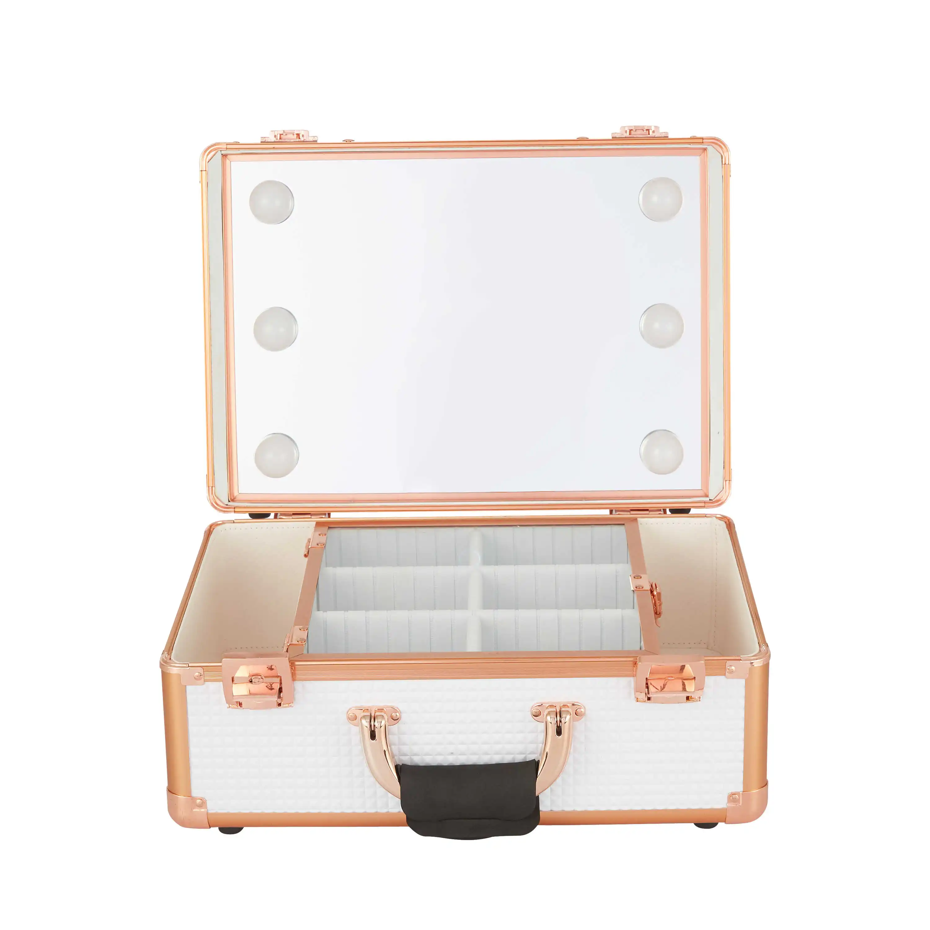 

LED Mirror Makeup Case 4 Bulbs Travel Suitcase Cosmetic Organizer Makeup Mirror Light