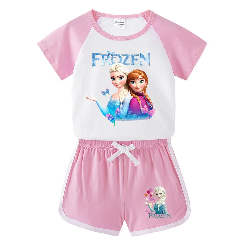 

Elsa Anna Printed Cartoon Set Children Set Frozen Summer New Kids Wear Baby Short Sleeve T-shirt Shorts Casual Two Piece Set