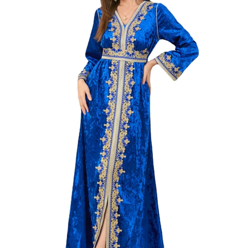 

Арабские платья Дубай и турецкое кружево вышивка с длинным рукавом бархатный с поясом кафтан мусульманский марокканский джалабият женский...