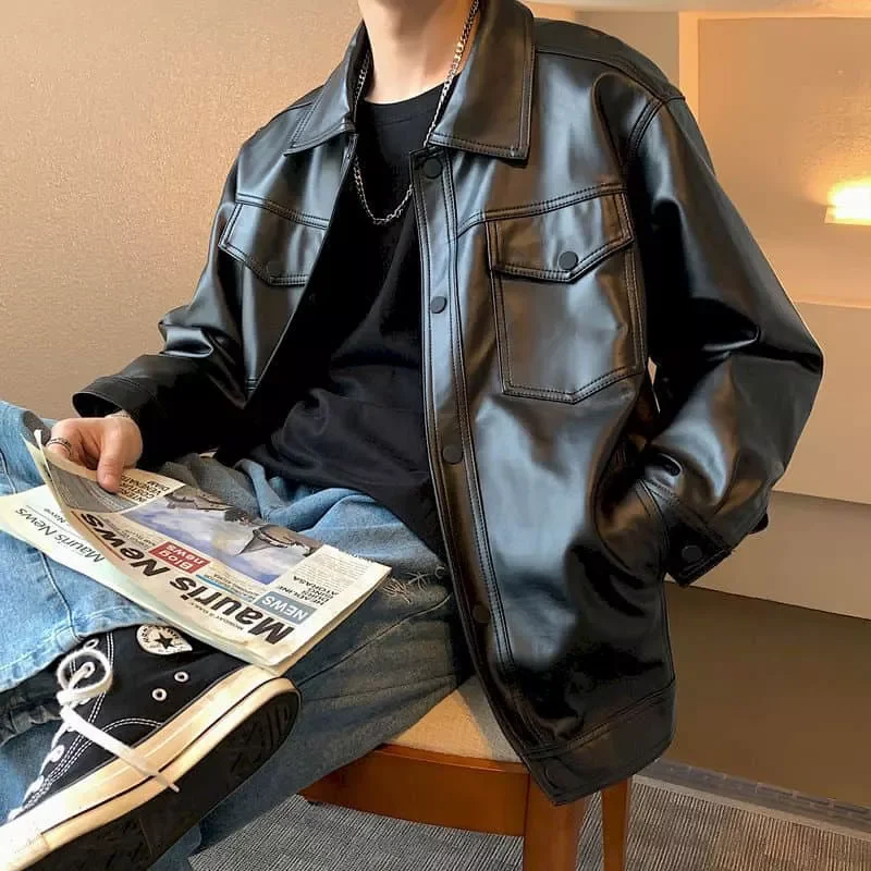 

New2022 jacket male Korean trend handsome chic motorcycle top leather coat handsome Hong Kong style autumn spring high street