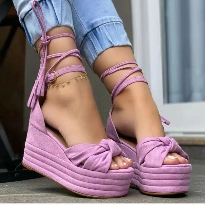 

2022 Summer Women Sandals Female Tied High Heel Shoes Fashion Flat Platform Shoes