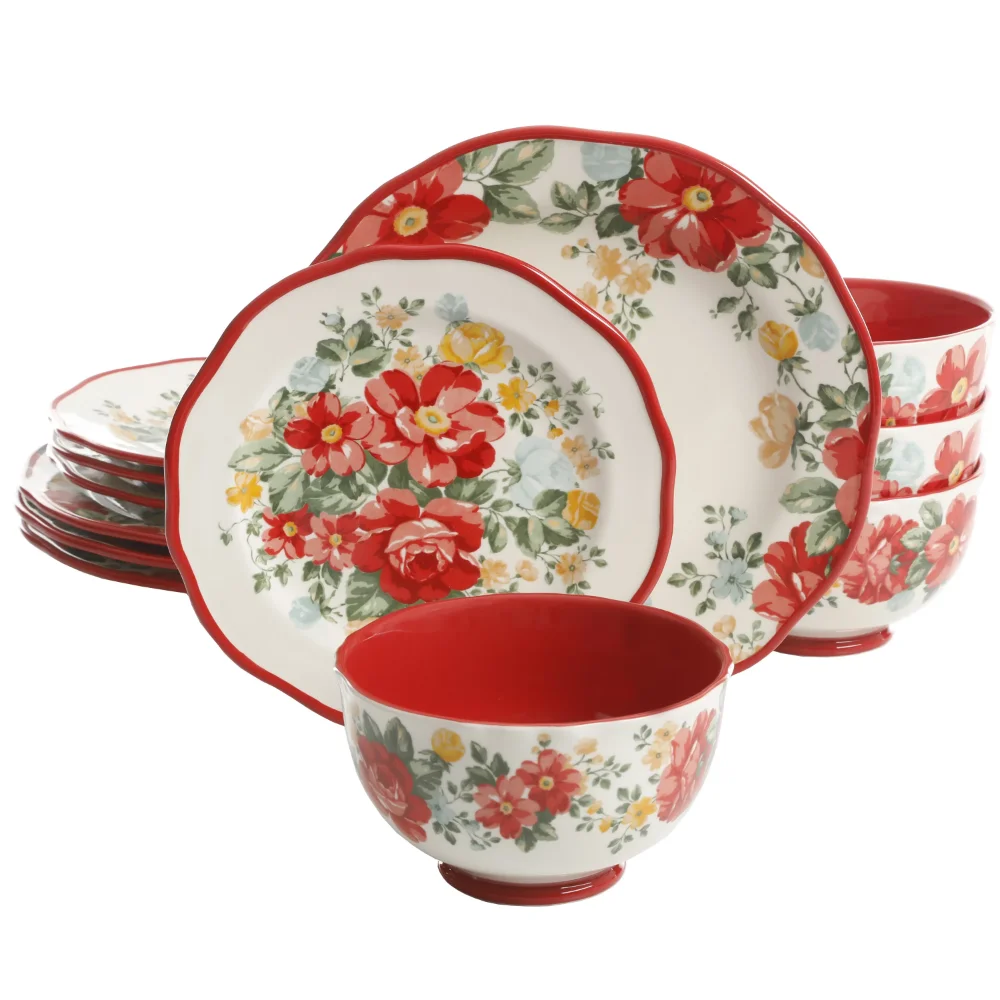 

Dinnerware Set Woman Vintage Floral 12-Piece Dinnerware Set, Red