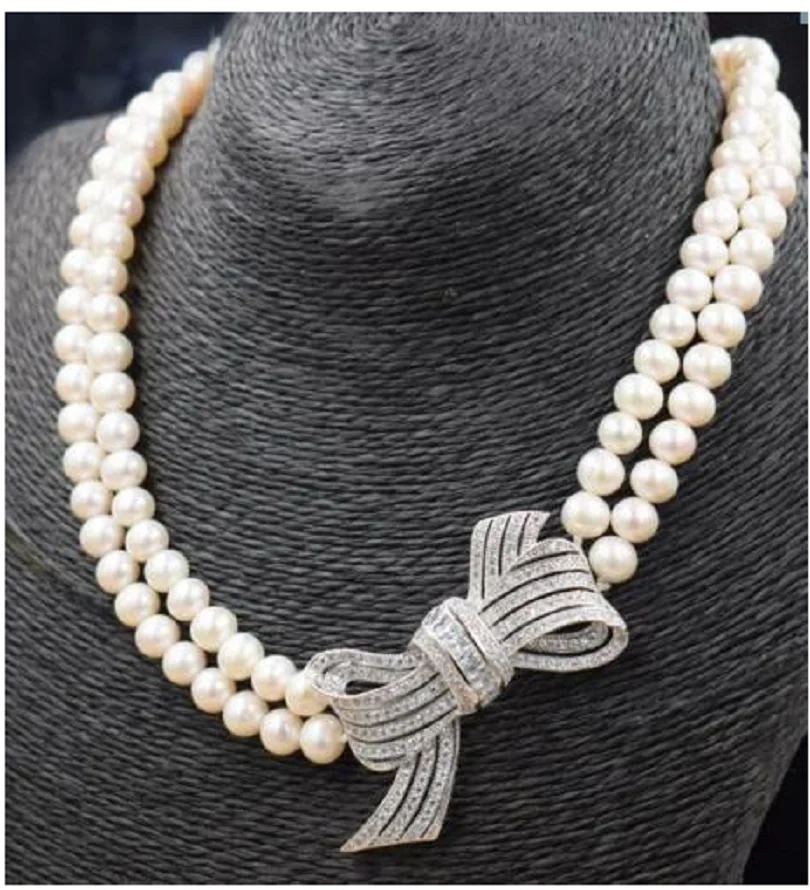 18 inch double strand AAA++7-8mm natural Akoya white pearl necklace 925s-