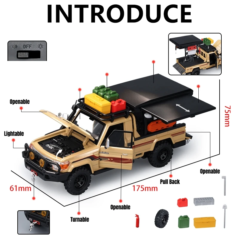 Фото Машинка-игрушка Toyota Land Cruiser LC79 1:32, внедорожник для кемпинга, литая под давлением, из сплава, миниатюрная, с функцией отката, звуком и светом, коллекционная модель, подарок для мальчика №2