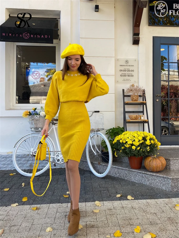 Зимний женский трикотажный комплект SINGREINY. Стильный свитер с длинными рукавами и