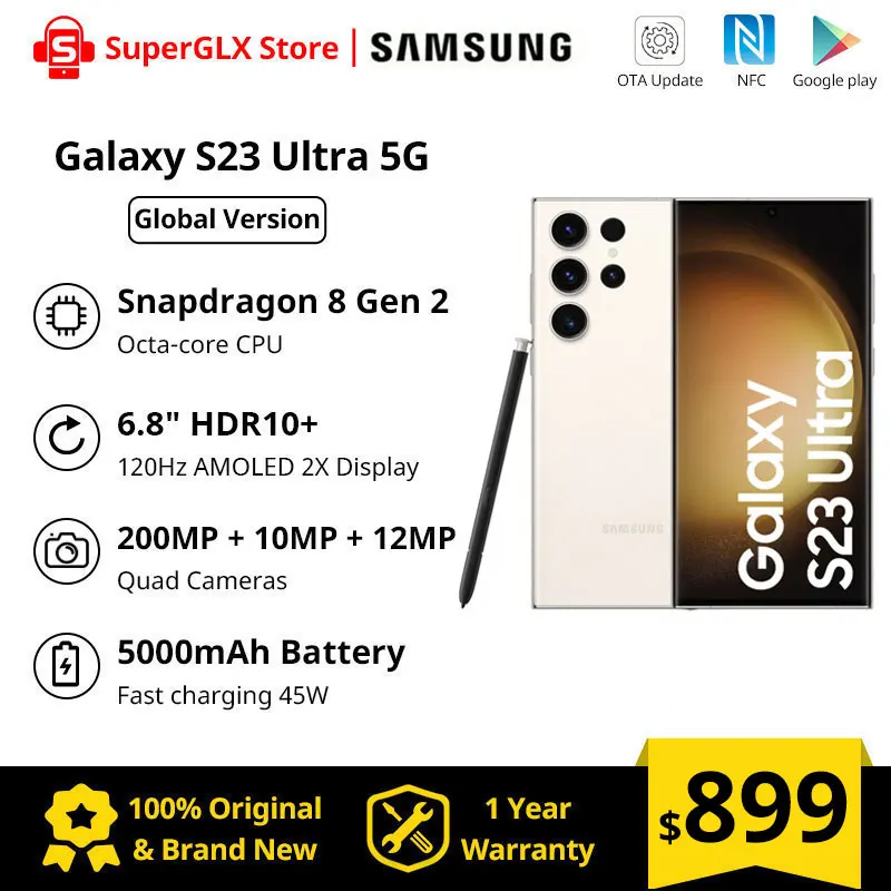 

Global Version Samsung Galaxy S23 Ultra 256GB/512GB Snapdragon 8 Gen 2 120Hz AMOLED Display 200MP Quad Cameras Samsung s23 ultra