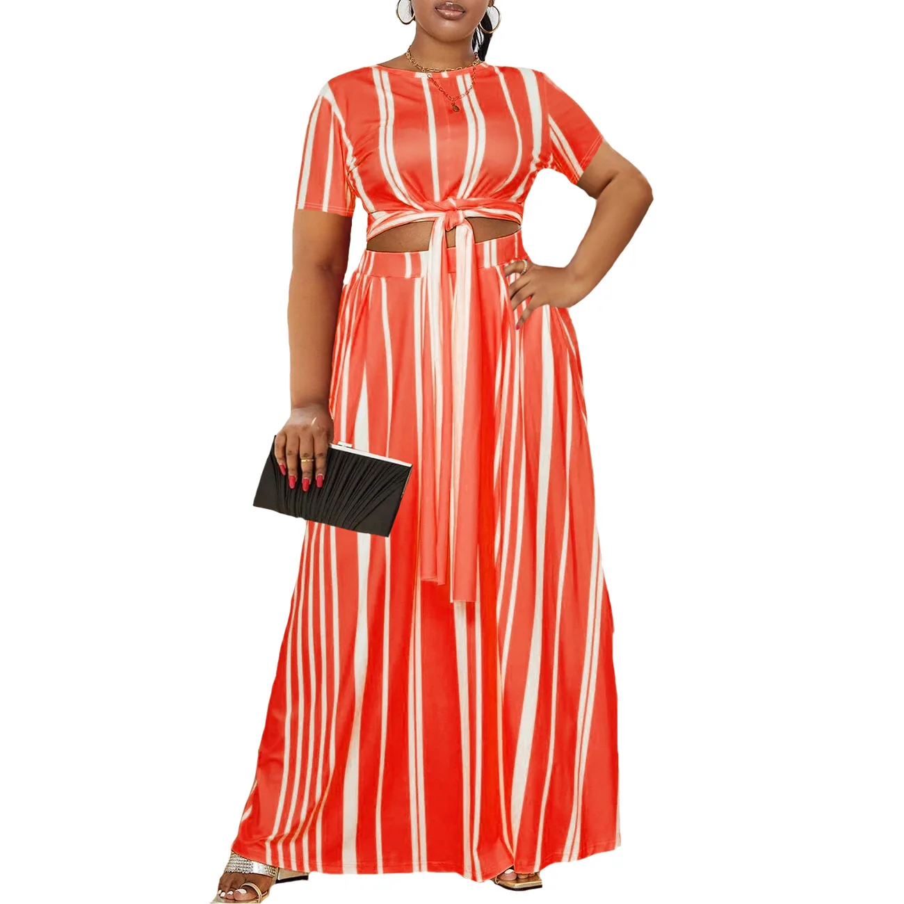 Plus Size Two Piece Dress Striped Lace Up Wide Loose Cloth Women Casual Evening Luxury Robe 2023 Summer Trendy New Party Dress