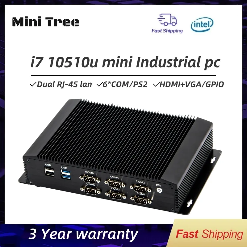 

10th Gen Powerful Industrial Fanless Mini PC i7-10510U 2*Lans 6*COM 8*USB GPIO HD VGA 4G WiFi Rugged Embedded Computer