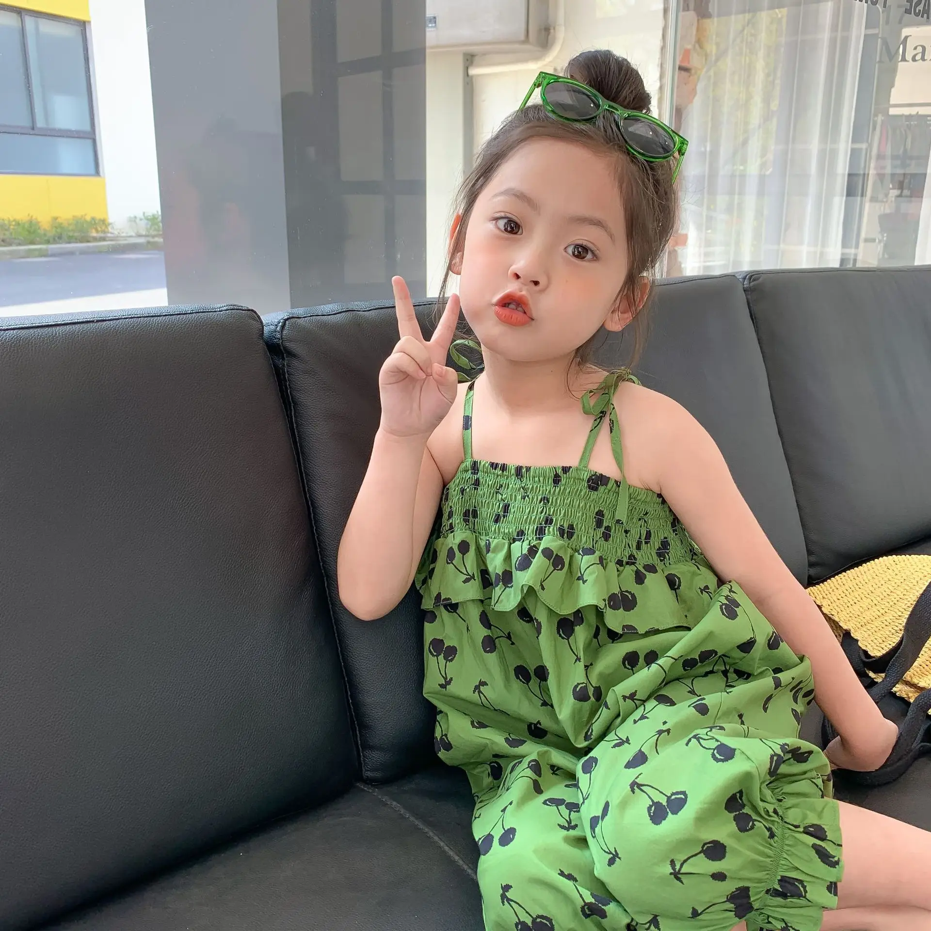 

MILA CHOU 2022 Summer Baby Girls Fashion Cherry Green Suspender Jumpsuit Children Cute Casual Overalls Rompers Kids Clothes