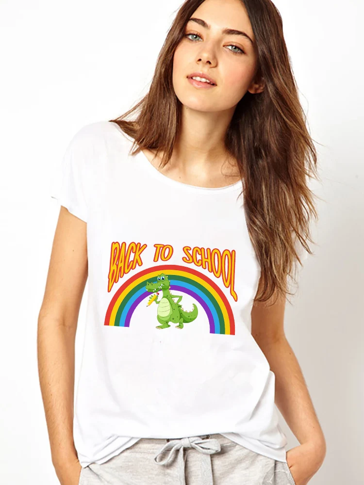 

Kawaii T Shirt Women Summer White All-Match Creativity New Arrival Graphic Dinosaur T-Shirt Modern Summer Rainbow Print Tshirt