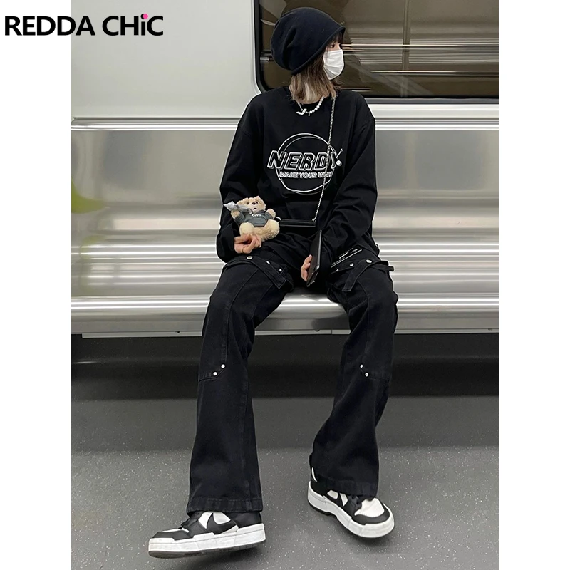 

ReddaChic Women Flared Jeans with Thigh Tie Bandage Pants Solid Black Acubi Fashion Clothes