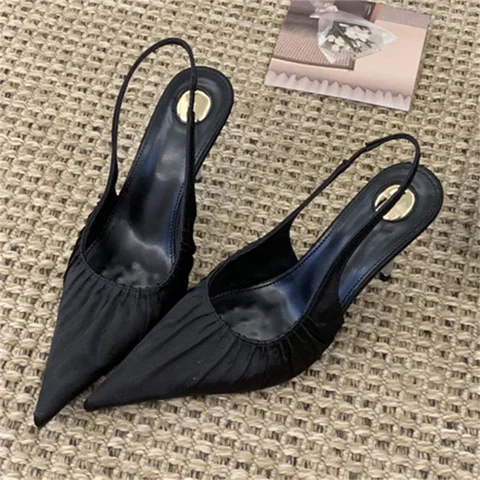 Aneikeh/летние модные элегантные дизайнерские плиссированные атласные туфли-лодочки с острым носком, сандалии с открытой пяткой, женские пикантные банкетные туфли на тонком высоком каблуке