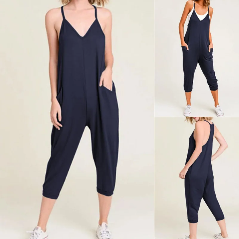 Женский свободный комбинезон без рукавов длинный хлопковый комбинезон-карандаш