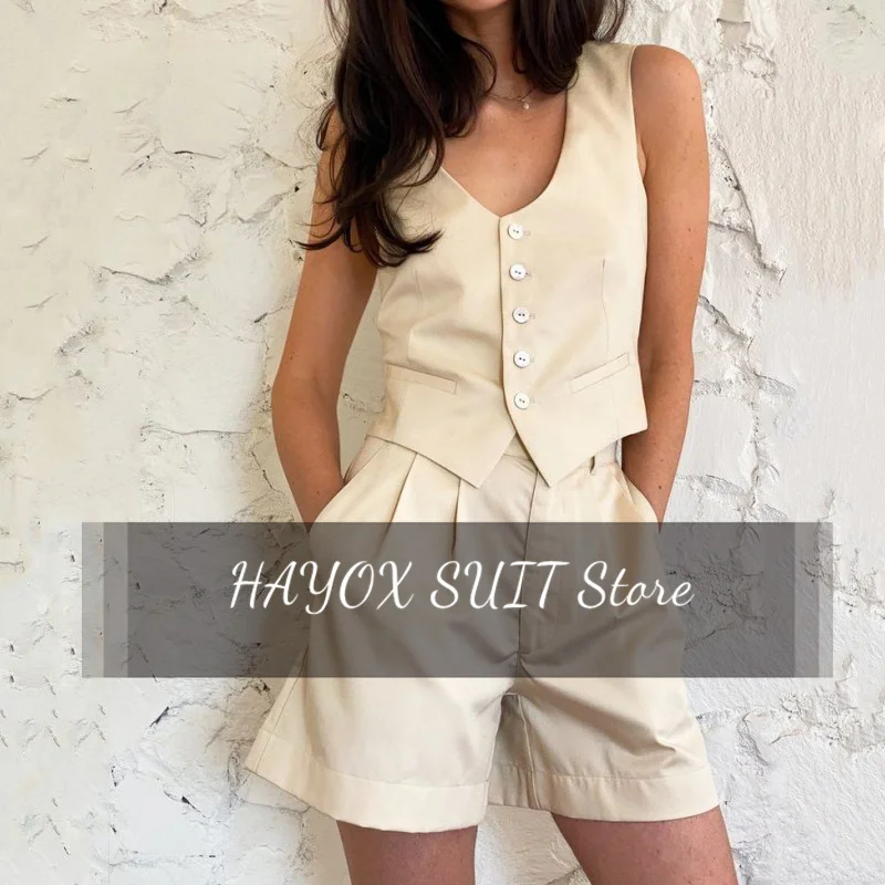 Women's Suit Summer Solid Color 2-Piece Set Fashion Single Breasted V Neck Sleeveless Top Vest With Cool Shorts For Business