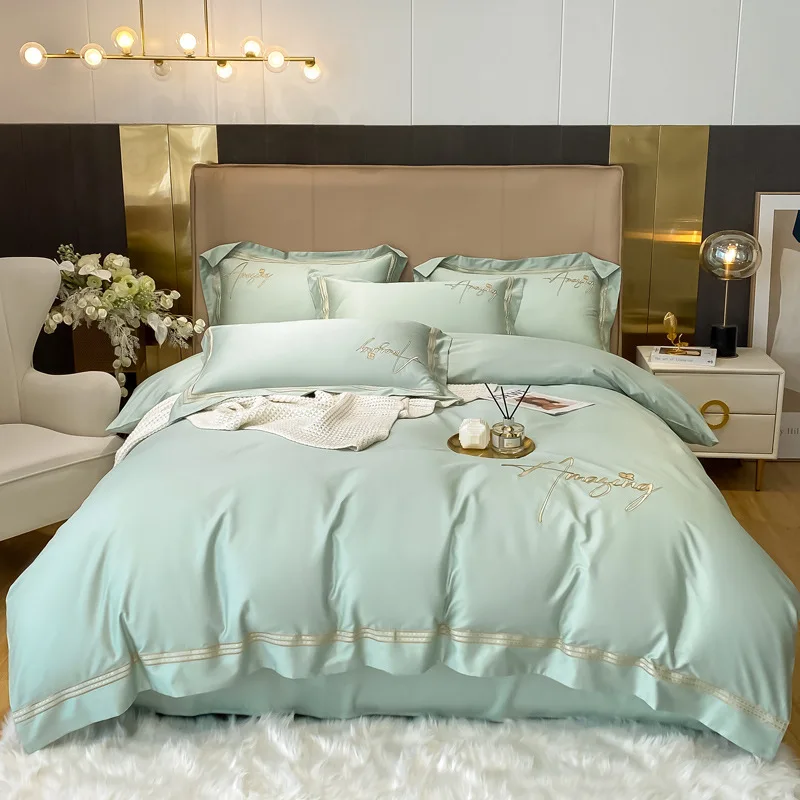 

European Light Luxury Style Pure Cotton 4-piece Skin-friendly Quilt Cover Simple Fashion Embroidered Bedding Sheets Dropshipping