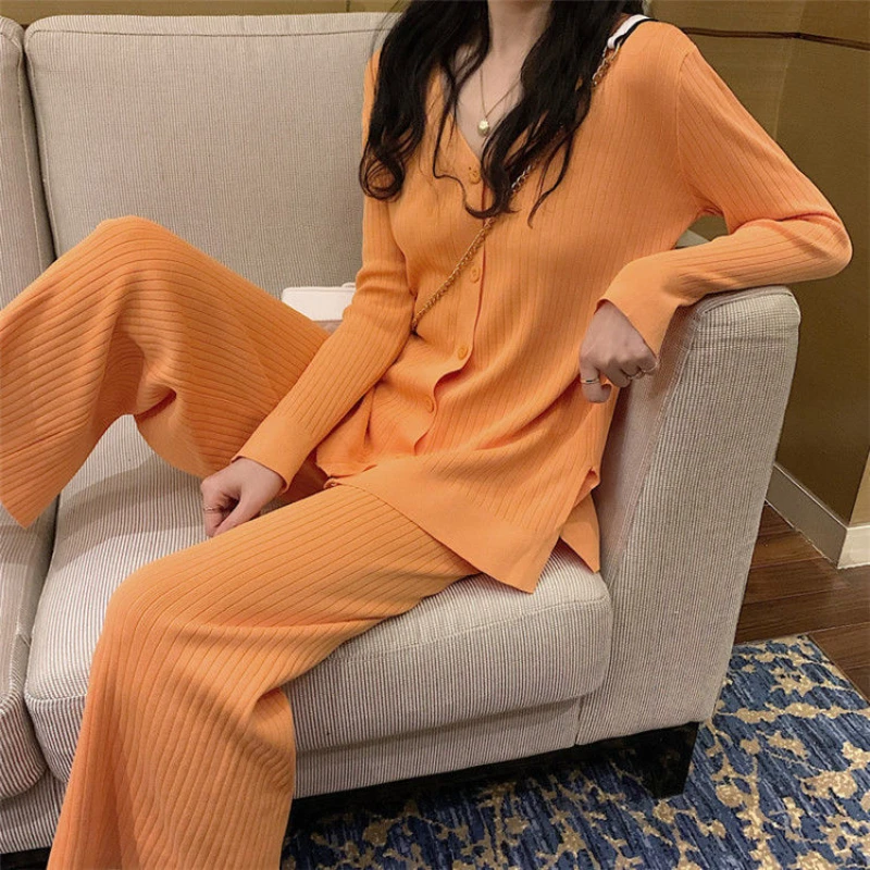 

Sweater Knitted Pants Suits Women 2 piece pant sets Outfits Cardigan Wide leg Trousers Set Oversized Shirts Long sleeve Casual