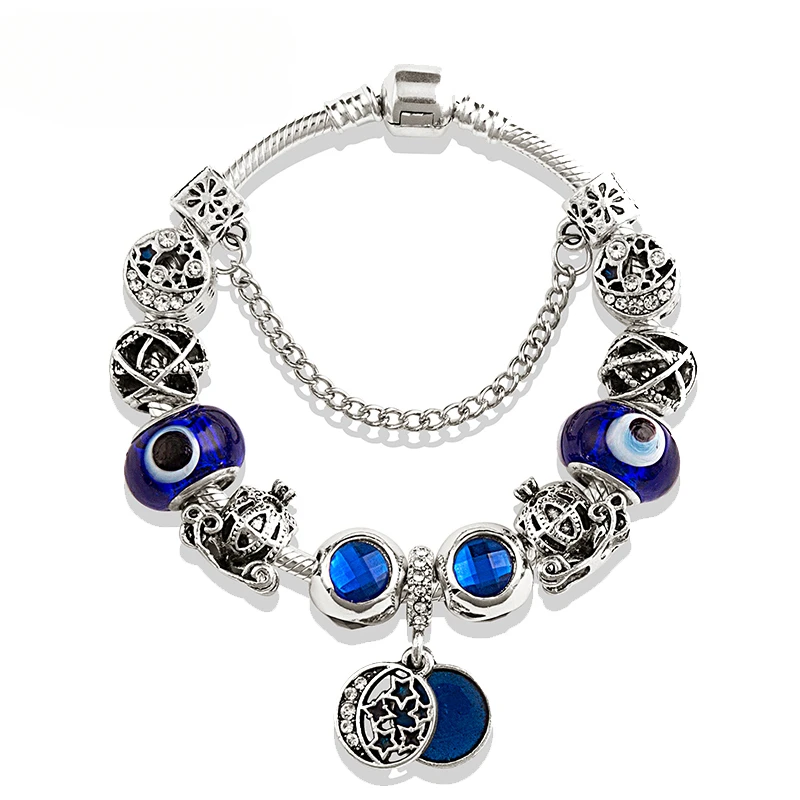 

Charming Bangladeshi Fashion Jewelry Classic Royal Blue Crystal Murano Star Moon Bead Bracelet Deep Blue Enamel Pendant