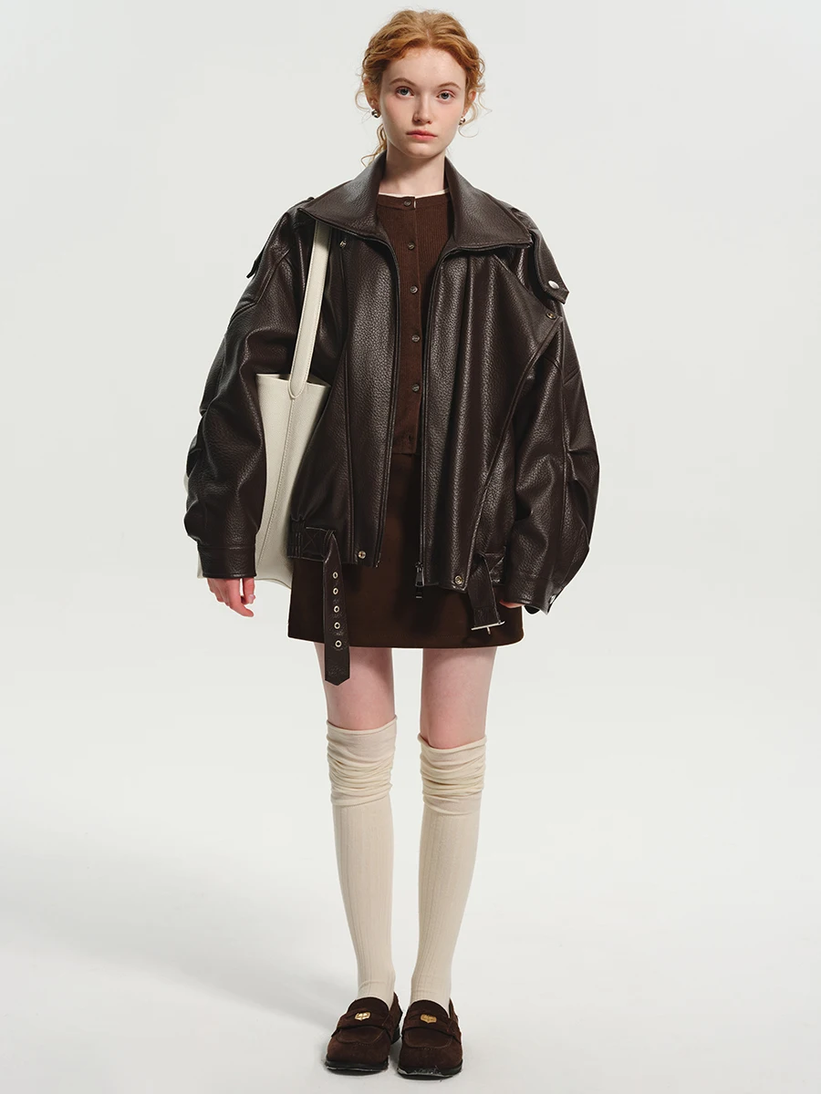  плюс коричневое кожаное пальто Emed верхняя одежда женская ретро-профильная