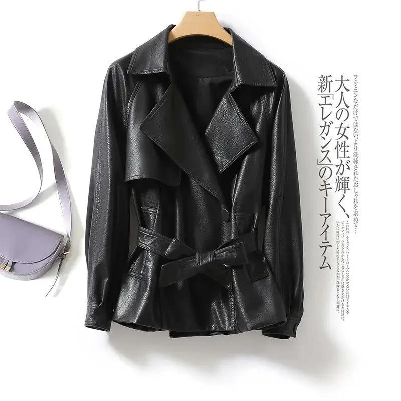 2022 Spring Double Breasted Belt Soft Faux Leather Blazer Long Sleeve Slim Fit Luxury Women Blazers and Jackets Fashion
